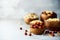 Hazelnuts in wooden bowl. Food mix background, top view, copy space, banner. Assortment of nuts - cashew, hazelnuts