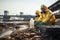 Hazmat suited workers gather samples in an industrial zone for analysis