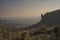 Hazy landscape of rock formations in Meteora, Greece