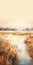 Hazy River: Watercolor Painting Of Reeds, Birds, And Marsh