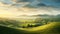 Hazy Romanticism: A Green Field Surrounded By Hills In The Style Of Raphael Lacoste And Miki Asai