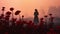 Hazy Silhouette Of A Woman Among Pink Poppies In The Mist