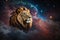 A HD Photo of a Lion against a Night Sky Galaxy Planet Background