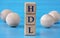 HDL - acronym on wooden cubes on a blue background with wooden round balls