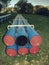 HDPE pipe for water supply stacked at building site on ground