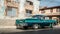 HDR Cuba green american classic car parked for a building