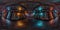 HDRI panoramic view of dark blue orange spaceship interior. High resolution 360 degrees panorama reflection mapping of a