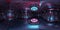 HDRI panoramic view of dark blue pink spaceship interior. High resolution 360 degrees panorama reflection mapping of a futuristic