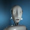 Head of antropomorphic robot, blue background