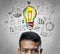 Head of Asian Businessman Thinking Colorful Light Bulb Sketch Business Concept Background