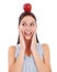 Head balance, face and happy woman with apple fruit product to lose weight, diet or detox for wellness lifestyle. Vegan