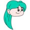 Head of beautiful cyan haired girl smiling kindly, doodle icon drawing