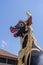 The head of a black buffalo during Bade cremation ceremony on central street in Ubud, Island Bali, Indonesia . Prepared for an