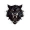 The head of a black snarling wolf with red eyes on a white background.