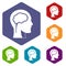 Head with brain icons set hexagon