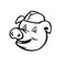 Head of Butcher Pig Wearing Hat Smiling Cartoon Black and White