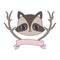 head of cute raccoon with tree branches and ribbon