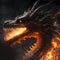 the head of a dragon is shown engulfed in flames with its eyes open