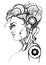 Head female cyborg. Concept silhouette, skull, profile beautiful girl. Contour vector illustration on white background.
