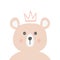 Head of funny bear with crown. Drawn by hand. Cute animal.