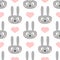 Head of funny rabbit with big eyes. Cute hearts. Seamless pattern for children.
