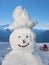 Head of a funny snowman against blue sky and alpine landscape