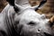 Head of large rhinoceros with horn on blurred background of wild wild desert.