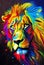 The head of a lion painted in the style of splashes and strokes of multi-colored paint. Close-up. AI-generated