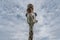 Head and long neck of giraffe against the blue sky. Unusual perspective view from below. Interior photo