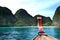 Head of long tail boat blue sky background Maya bay ,phi phi island Thailand