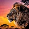 The head of a majestic lion against the backdrop of sunset Africa