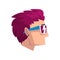 Head of man with short purple dyed hair, profile of guy with fashion haircut vector Illustration on a white background