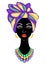 The head of a nice lady. On the head of an African American girl hung a bright handkerchief, turban. The woman is beautiful and