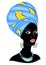 The head of a nice lady. On the head of an African American girl hung a bright handkerchief, turban. The woman is beautiful and