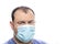 Head of the older man with blue surgical protective mask agains pandemic corona covid-19 virus