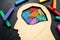 The head is painted with colored crayons. Neurodiversity or autism concept.