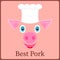 Head of a pig in chef hat. Best pork. Template design for label pork meat products and other ideas. Smiling cartoon character.