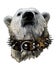 The head of a proud bear looking confidently forward in a leather collar with metal spikes and an earring in the nose