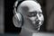 The head of a robot, prototype or mannequin wearing wireless headphones. Concept of Artificial Intelligence