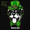 Head of a Rottweiler Dog and elements of St. Patricks Day. Vector illustration isolated on dark