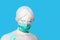 Head of sculpture of an antique woman in medical surgical mask and gloves as coronavirus prevention for hygiene corona