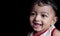 A head shot portrait of an adorable indian baby looking at left with selective focus on front eye with copy space in