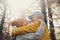 Head shot portrait close up of old people smiling and enjoying looking each other in the forest of mountain. Cute couple of mature