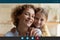 Head shot portrait screen view mother and daughter chatting online