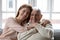 Head shot portrait smiling older father and grownup daughter