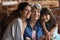 Head shot portrait three generations of women celebrating grandmother birthday