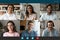 Head shot screen view diverse colleagues chatting online, video call