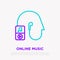 Head silhouette with earphones and music player thin line icon. Modern vector illustration