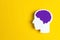 Head silhouette with a purple brain on yellow background