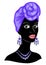 Head of a sweet lady. On the head of an African-American girl a bright purple shawl tied up, a turban. The woman is beautiful and